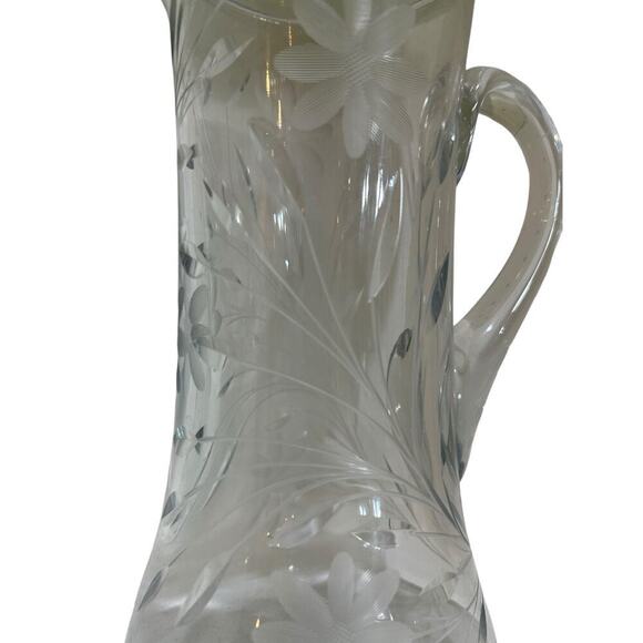 Vintage Brilliant Heavy Cut Glass Crystal Clear Water Juice Pitcher With Handle - Picture 3 of 7